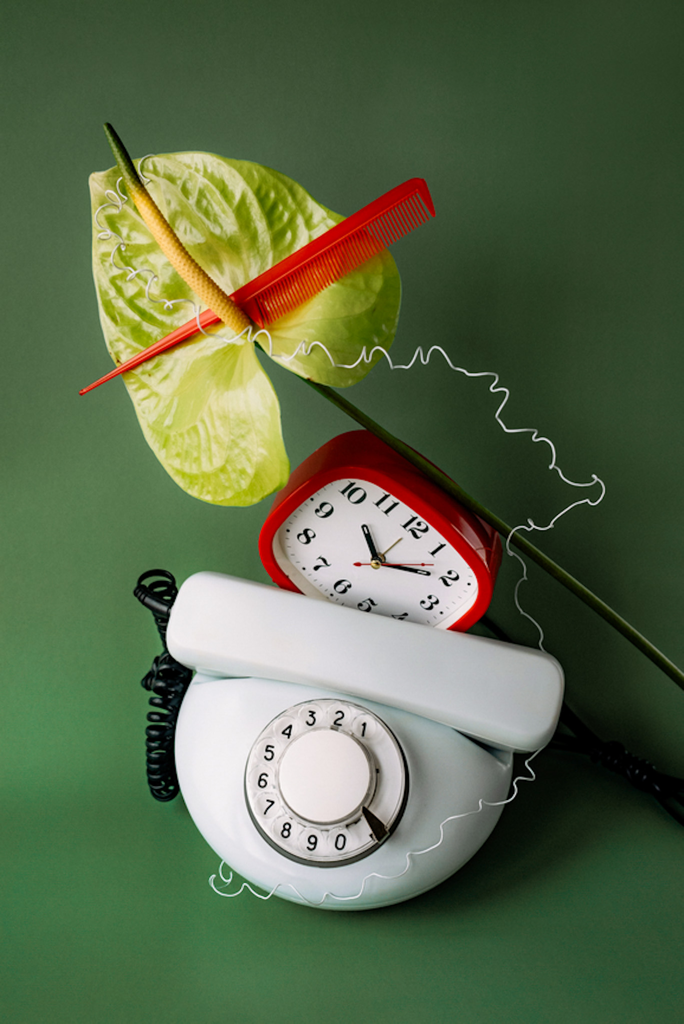 A composition with a dial phone, a red plastic alarm clock with a dial, a wire, a comb and an anthurium flower in vintage style, set design, abstraction, poster for interior decoration - brand image for Feel You Creative Brand Design